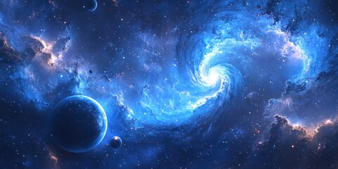 A swirling blue nebula with a large planet and smaller planets in the cosmic background
