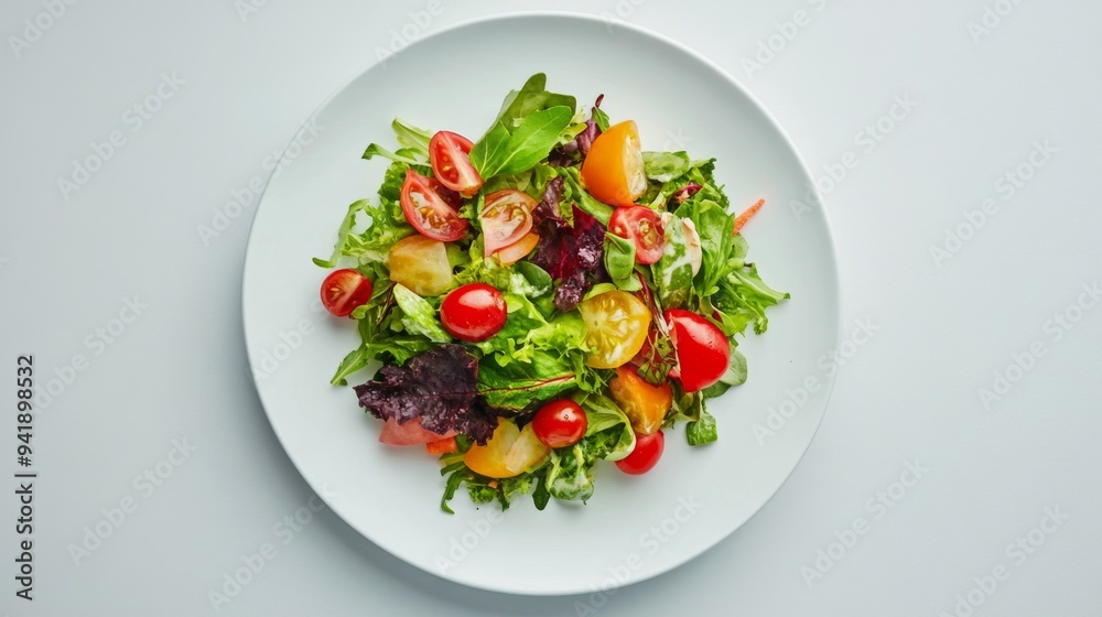 Poster a high-quality image of a colorful salad with fresh ingredients arranged in a visually pleasing mann