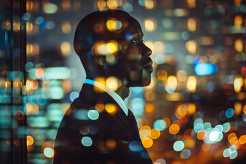 Naklejka na ściany i meble A man in a suit is standing in front of a window, looking out at the city lights