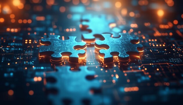 A conceptual digital illustration of API integration, featuring interlocking puzzle pieces and glowing circuits, symbolizing the interconnectedness of modern systems.