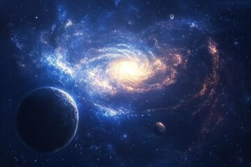 Obraz premium A Planet Orbiting a Bright, Whirlwind Galaxy in Deep Space