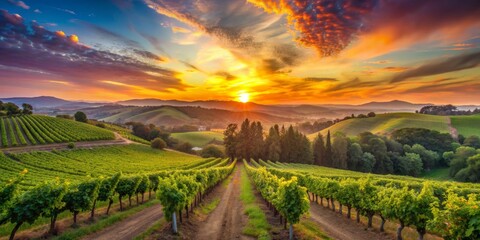 Vineyard Sunset with Golden Light and Rolling Hills, landscape , nature , sunset , vineyard
