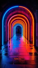 Obraz premium Futuristic Neon Corridor with Glowing Arches and Reflective Tiles