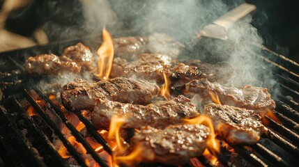 Grilling meat on an open flame with visible heat and smoke, outdoor BBQ setting -