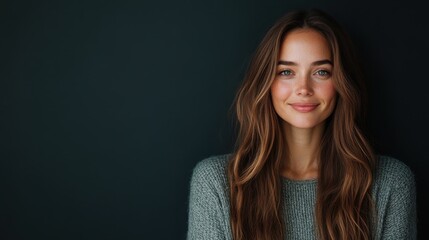 A woman in a green sweater smiling warmly, posing against a dark backdrop, capturing a moment of genuine happiness and contentment, and embracing a serene and peaceful demeanor.