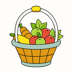 Fruit Basket Coloring Page  Vector Design on White Background