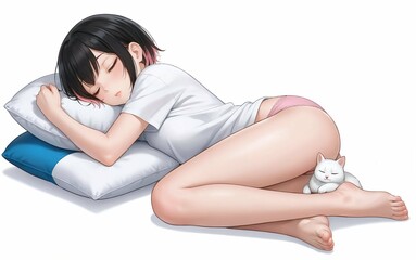 Girl sleeping on a pillow with a cat, on a white background. In anime style.