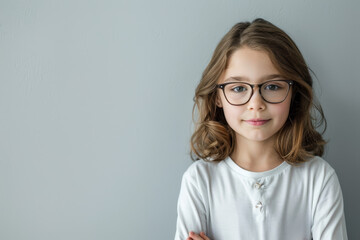 Fototapeta premium A young girl wearing glasses is smiling and looking at the camera