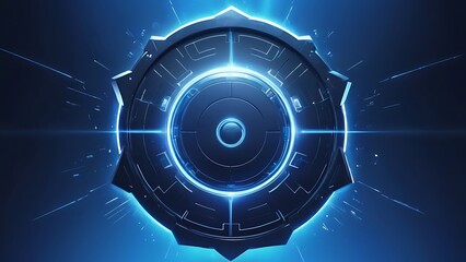 Security technology concept with futuristic shield icon in the center of blue background with light effects