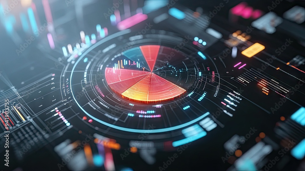 Poster interactive 3d pie chart with floating labels and percentages, digital interface elements surroundin