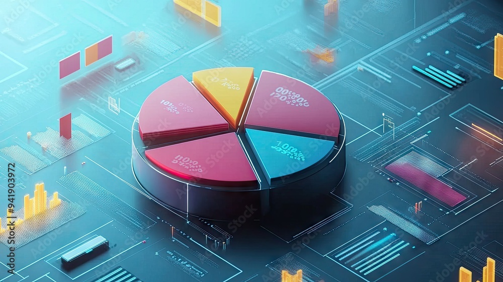 Poster interactive 3d pie chart with floating labels and percentages, digital interface elements surroundin