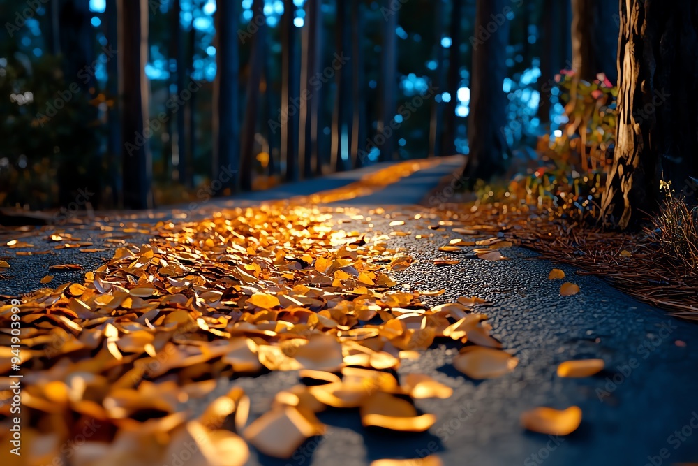 Poster A warm, nostalgic scene of amber light filtering through the trees at dusk, casting long shadows across a quiet forest path