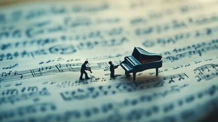 Fototapeta premium A miniature scene depicting musicians interacting with a tiny piano on a sheet of music, showcasing creativity and artistry.