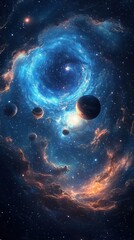 A celestial swirl with planets and stars