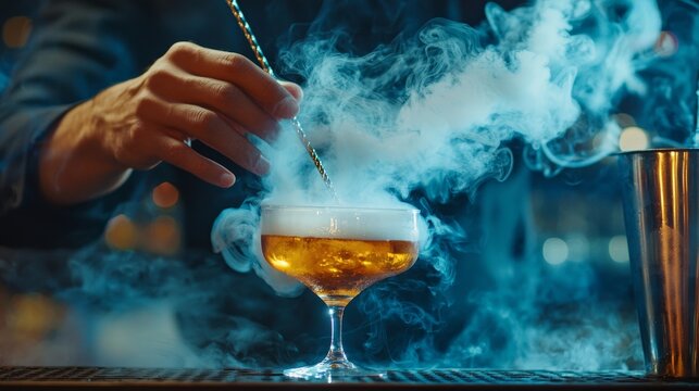 Mixologist creating a smoke-infused non-alcoholic cocktail, action shot of smoke swirling, backlit scene, focus on hands and glassware, dark moody background, dramatic lighting