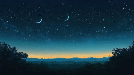 Night sky filled with blue stars and a crescent moon, serene and calm atmosphere