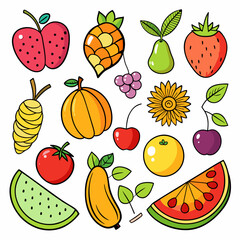 Fruit Doodles Clip Art Set on White Background