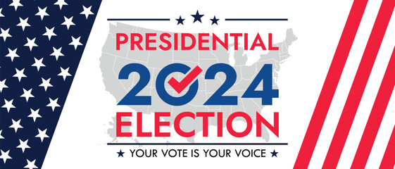 USA 2024 Presidential Election background with American flag colors design. Election event banner, card, poster, template, voting communication, background. Vote day, November 5. Vector illustration.