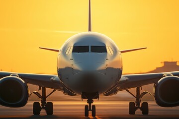 Naklejka premium A sleek airplane at sunset, showcasing a stunning silhouette against an orange sky, symbolizing travel and adventure.