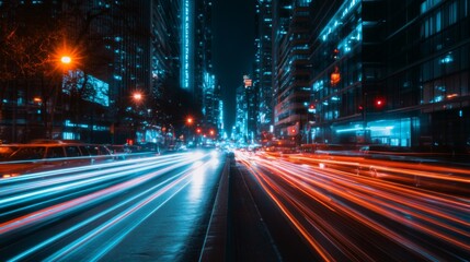 A nighttime view of a city street with illuminated traffic lights and light trails from moving vehicles, highlighting the hustle and bustle of urban traffic.