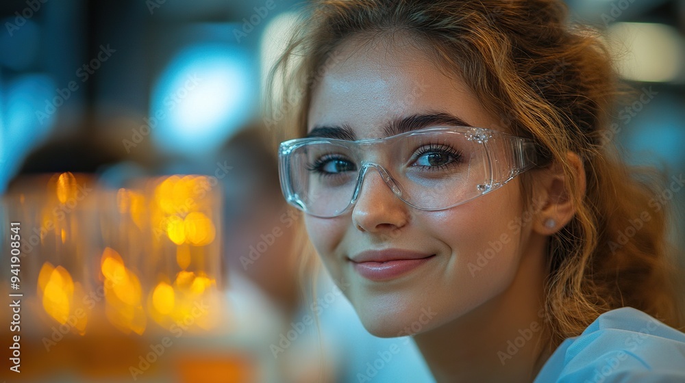 Aufkleber students doing chemical experiment in the laboratory at university science.stock image