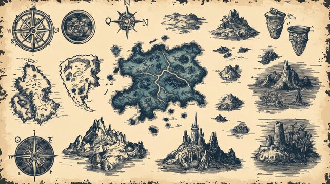 Enchanting Hand-Drawn Map Symbol Set for Fantasy Cartography Exploration