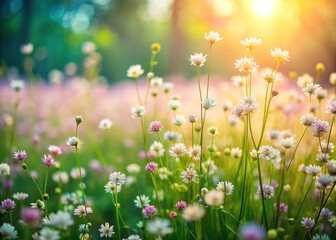 Fototapeta premium Delicate, pastel-hued tiny flowers with intricate petals and slender stems bloom abundantly amidst lush green foliage, casting a soft, serene ambiance in a whimsical field scene.