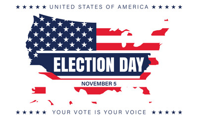 USA 2024 Presidential Election background with American flag colors design. Election event banner, card, poster, template, voting communication, background. Vote day, November 5. Vector illustration.
