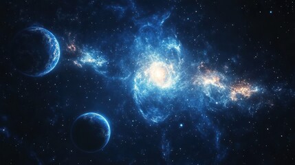 Two Planets Orbiting a Blue Spiral Galaxy in a Starry Night Sky