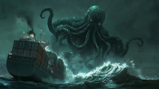 Dark Fantasy Concept Art of Cthulu Rising from the Ocean and Attacking a Cargo Ship in a Storm