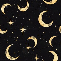 Naklejka premium Golden Moons and Stars on Black Seamless Pattern