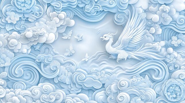 A stunning white phoenix emerges gracefully amidst swirling clouds and waves, showcasing delicate textures and bright colors in a surreal, animated style