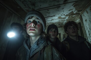 A horror concept. Of a hooded figure with no face standing in the doorway of a decaying room in an abandoned ruined house