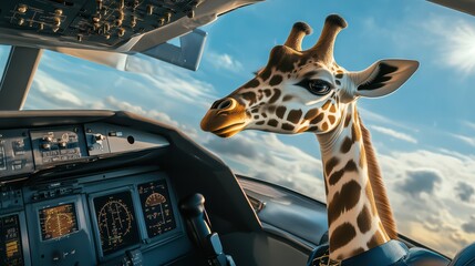 Obraz premium A whimsical giraffe peering out from an aircraft cockpit, bringing a playful touch to aviation imagery against a stunning sky.