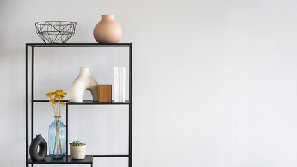 A sleek black shelving unit in living room © brizmaker