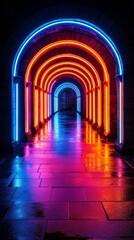 Fototapeta premium Futuristic Neon Corridor with Glowing Arches and Reflective Tiles