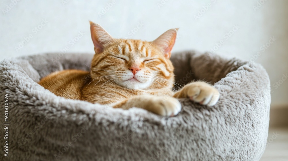 Aufkleber a panoramic view of a chubby cat sleeping in a plush cat bed, with its rounded belly and peaceful ex