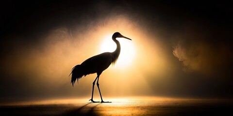 Shadowed Grace: Crane silhouette in the shadows, creating a mysterious and intriguing mood with a play on light and darkness.