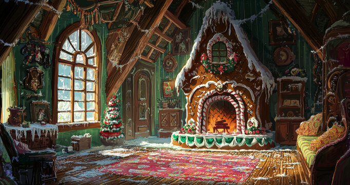 Whimsical Concept art of the inside of a Fantasy gingerbread house