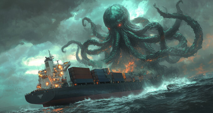 Dark Fantasy Concept Art of Cthulu Rising from the Ocean and Attacking a Cargo Ship on Fire