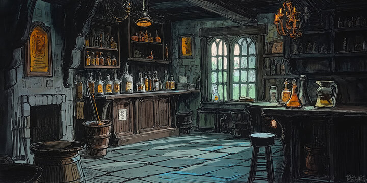 Digital Concept Art Vintage Sketch of a Medieval Fantasy Apothecary Shop