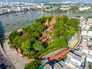 Aerial shot of Po Nagar Ancient Tower, Nha Trang City, Vietnam.