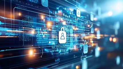 A visual representation of secure data access protected by firewall layers, emphasizing multifactor authentication, recovery protocols, and credential security