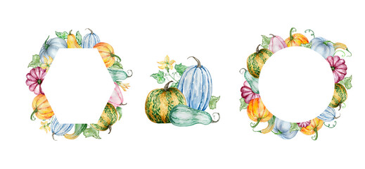 Watercolor autumn frames set with pumpkins and fall leaves