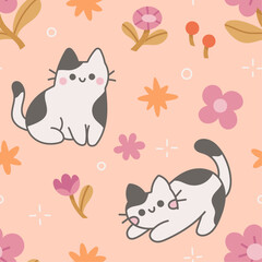 Vector seamless pattern with cute cats and botanical elements. Hand drawn illustration with cartoon style for print, fabric, textile.