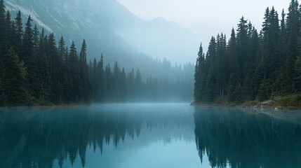 Fototapeta premium Tranquil blue mountain lake surrounded by trees, with mist rising in the early morning -