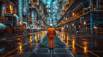 A worker in an orange suit stands in a vast industrial facility illuminated by glowing lights. Generative AI