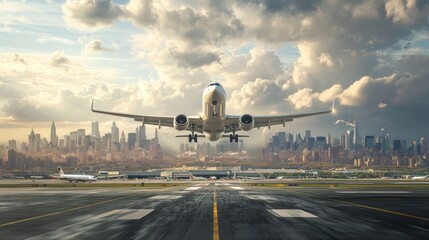 A panoramic view of an airplane taking off with a bustling airport terminal in the foreground and the cityscape stretching out behind.