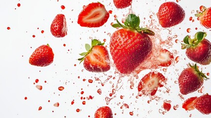 Fresh strawberries burst through water, creating a vibrant, splashy display that captures the essence of summer.