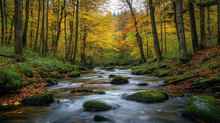 Serene Autumn River Flowing Through a Lush Forest